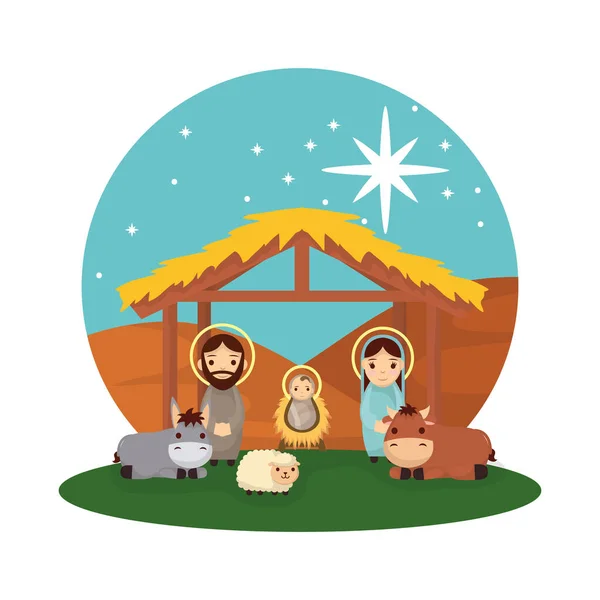 Cute holy family and animals manger characters — Διανυσματικό Αρχείο