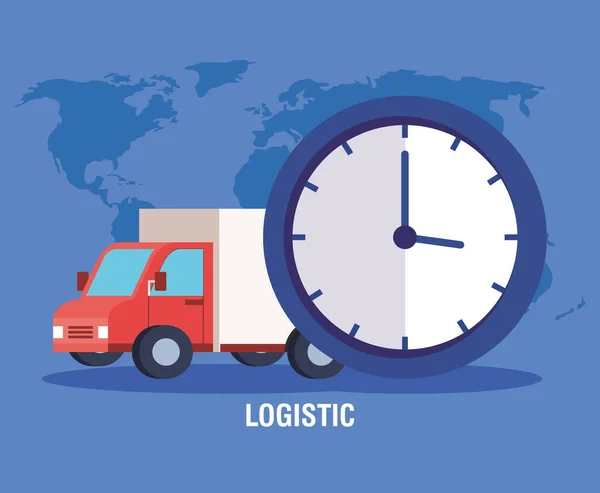 Consegna servizio logistico con camion e orologio — Vettoriale Stock