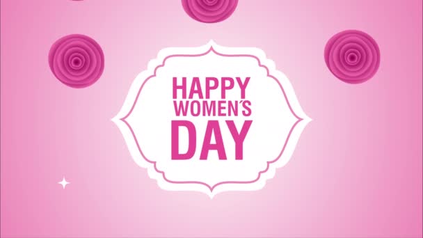 Happy womens day card with pink roses flowers — Stok video