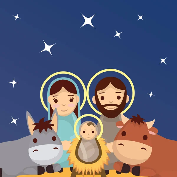 Aranyos szent család és állatok jászol karakterek — Stock Vector