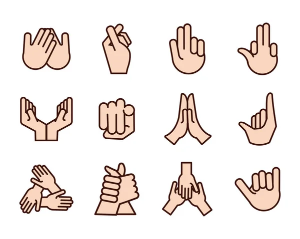 Bundle of hands signals line and fill style icon — 图库矢量图片