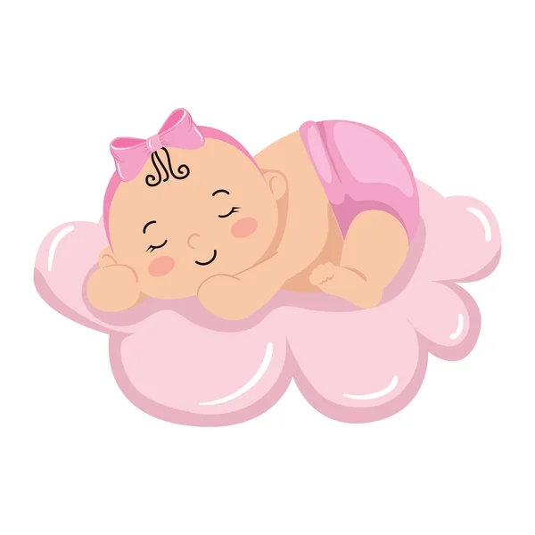 Cute little baby girl sleeping in cloud isolated icon — Stock Vector