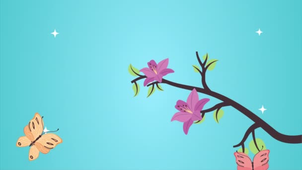 Güzel çiçekler bahçe ve kelebekler uçan animasyon — Stok video