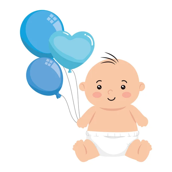 Lindo bebé con globos helio aislado icono — Vector de stock