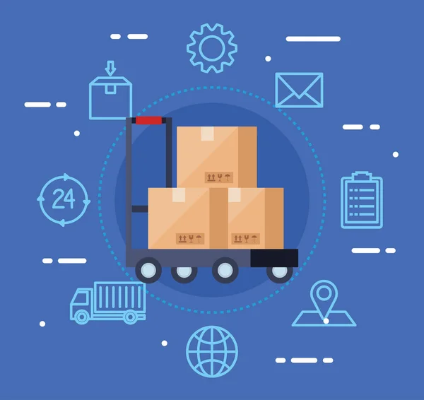 Servicio logístico de entrega con cajas e iconos — Vector de stock