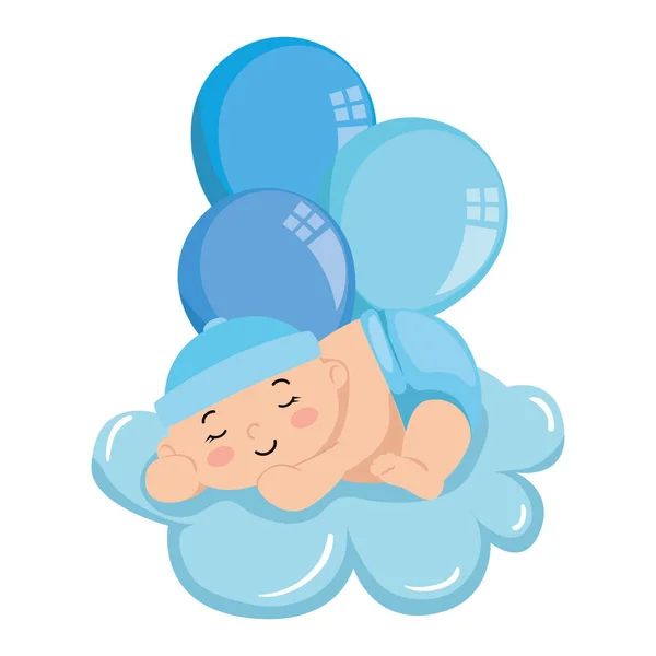 Милий маленький хлопчик спить у хмарі з кульками гелій — стоковий вектор