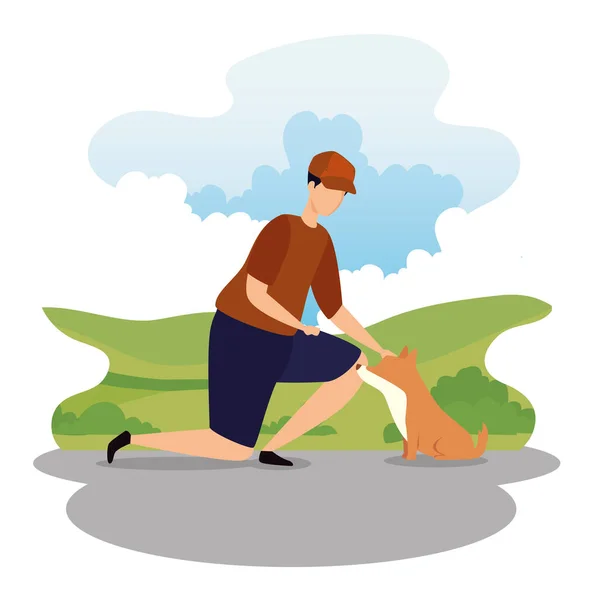 Hombre con perro mascota en parque paisaje — Vector de stock