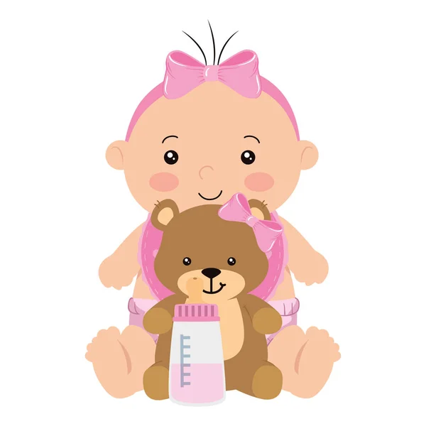 Cute little baby girl with teddy bear and bottle milk — 스톡 벡터