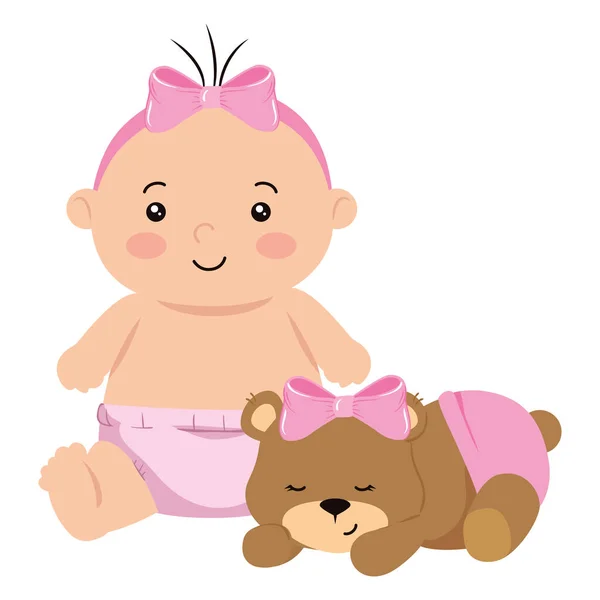 Linda niña con oso de peluche — Vector de stock