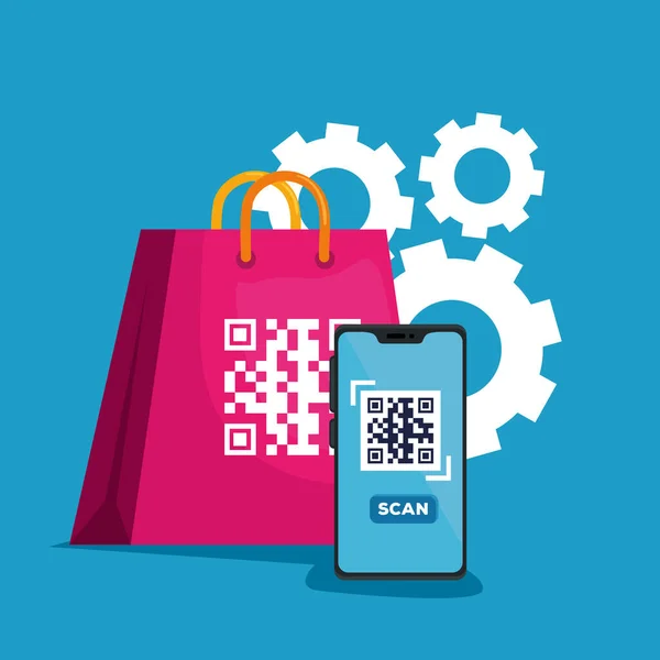 Código de escaneo qr con teléfono inteligente y bolsa de compras — Archivo Imágenes Vectoriales