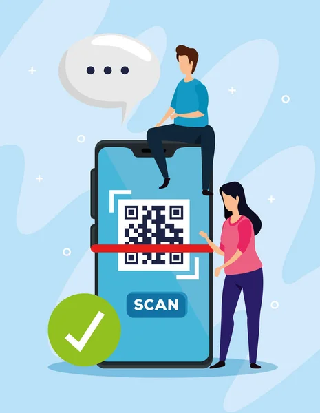 Escanear código qr con teléfono inteligente y pareja de negocios — Archivo Imágenes Vectoriales