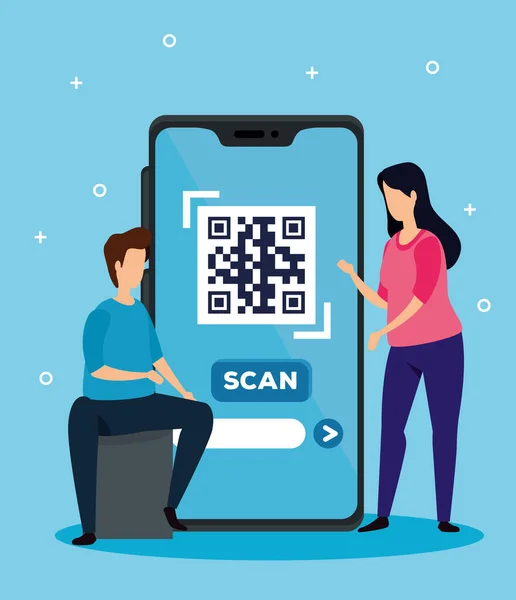 Escanear código qr con teléfono inteligente y pareja de negocios — Archivo Imágenes Vectoriales