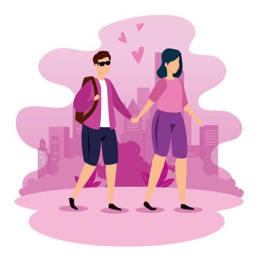 Genç bir çiftle şehir manzarası