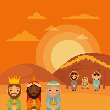 cute holy family and wize men manger characters