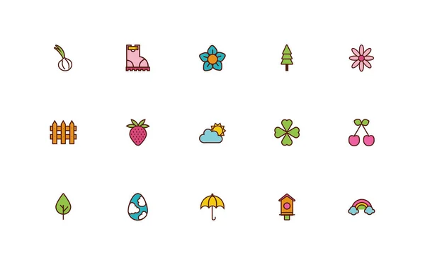 Paquete de iconos planos de conjunto de primavera — Vector de stock