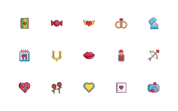 Bundle of valentines day line and fill style set icons — Διανυσματικό Αρχείο