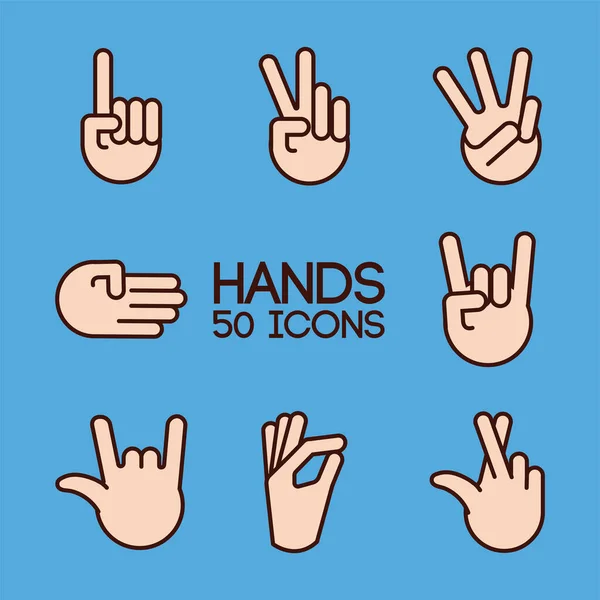 Bundle of hands signals line and fill style in blue background — 图库矢量图片