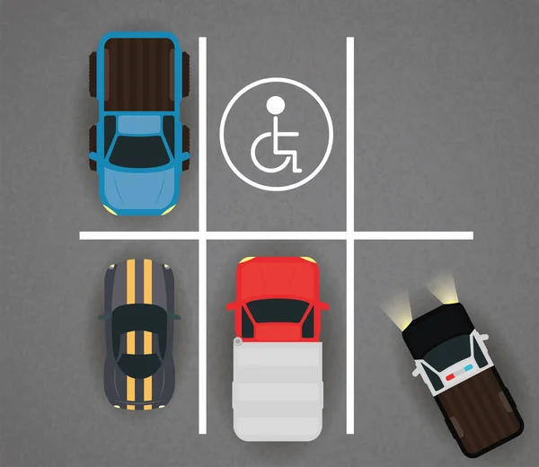 Group of cars and disable space in parking zone scene — Stockvector