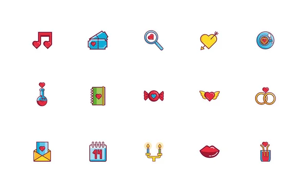 Bundle of valentines day line and fill style set icons — Διανυσματικό Αρχείο