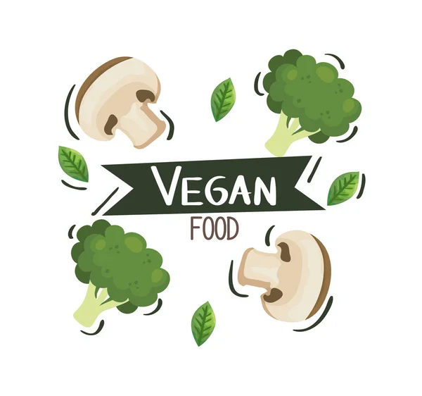 Cartaz de comida vegan com cogumelos e brócolis — Vetor de Stock