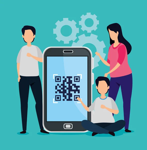 Escanear código qr con smartphone y gente de negocios — Vector de stock