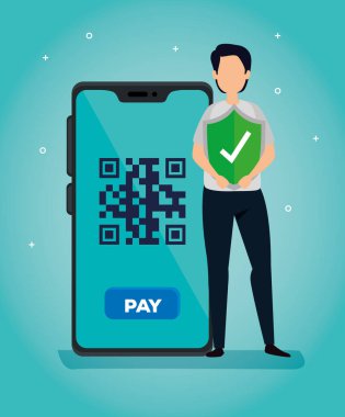 İş adamı ve simgelerle akıllı telefonda QR kodu