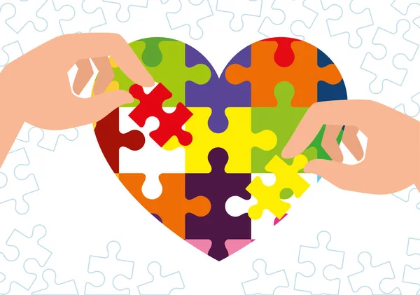 Día mundial del autismo con el corazón de las piezas del rompecabezas — Vector de stock