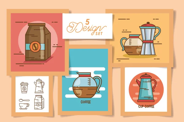 Pięć wzorów ikon napojów kawowych — Wektor stockowy