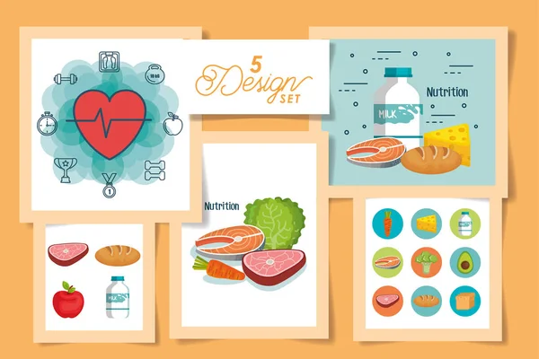 Fem mönster av hälsosamma livsmedel ikoner — Stock vektor