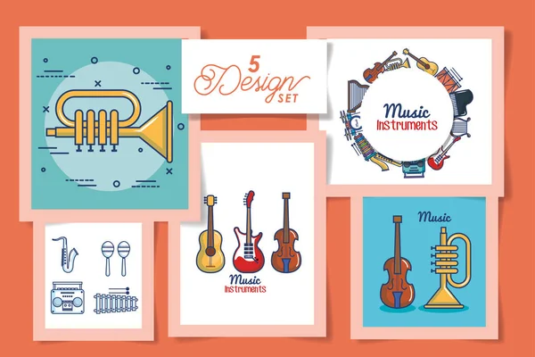 Cinq dessins d'instruments icônes de musique — Image vectorielle