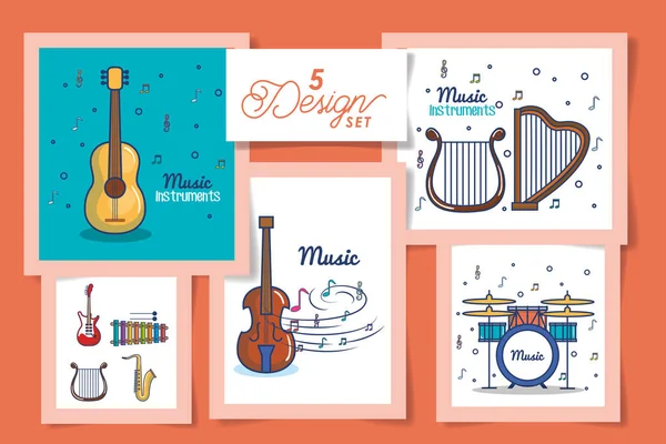 Five designs of instruments music icons — Stock Vector