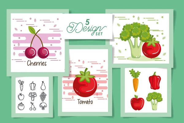 果物や野菜の5種類のデザイン — ストックベクタ