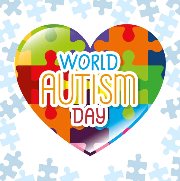 Día mundial del autismo con el corazón de las piezas del rompecabezas — Vector de stock