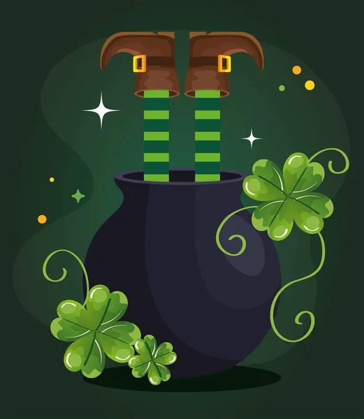 Saint patricks day with elf legs and cauldron — Stock Vector