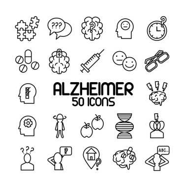 bundle of alzheimer set icons and lettering clipart