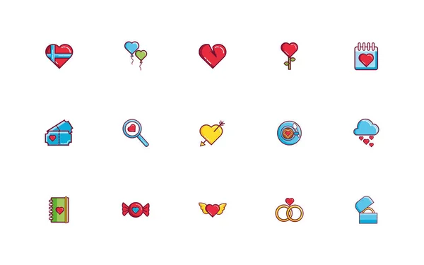 Bundle of valentines day line and fill style set icons — Διανυσματικό Αρχείο