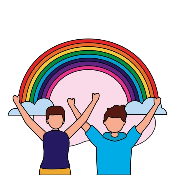 Couple gay protest with rainbow — Stock Vector