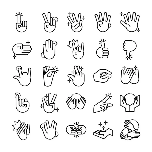 Bundle of hands signals line style icon — 스톡 벡터