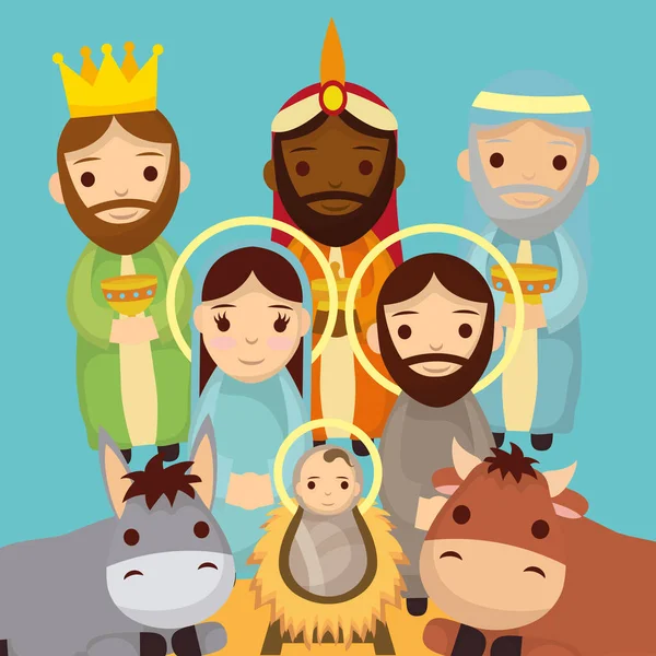 Lindo santo familia y animales pesebre personajes — Vector de stock