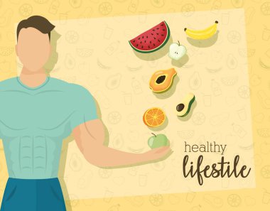 Meyve ve sebzeli genç bir sporcu.