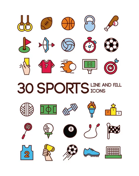 Paquete de deportes establecer línea y llenar iconos — Archivo Imágenes Vectoriales