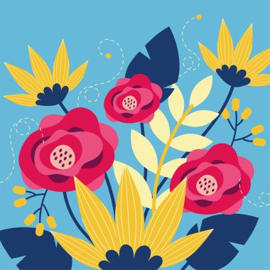 Çiçekler ve yapraklar bahçe sahnesi