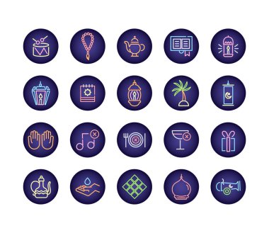 ramadam kareem, neon ışık stili simgeleri ayarladı