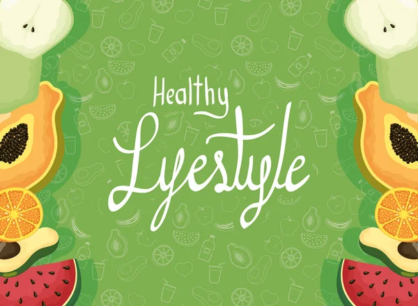 Healthy lifestyle lettering and products — Stock vektor