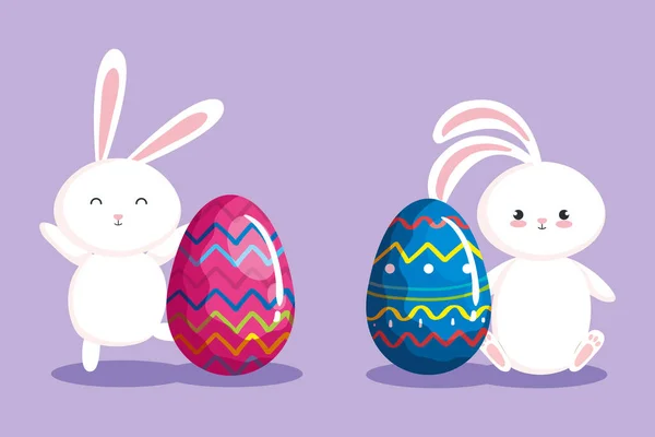 Oeufs Pâques décoré avec des lapins mignons — Image vectorielle