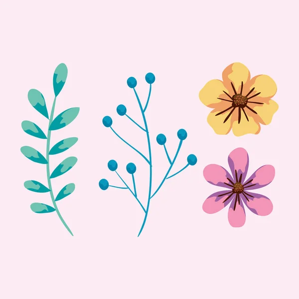 Милые цветы и ветви с листочками — стоковый вектор