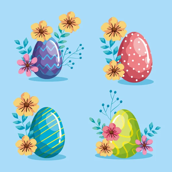 Set eggs easter decorated with flowers and leafs — Stockvektor