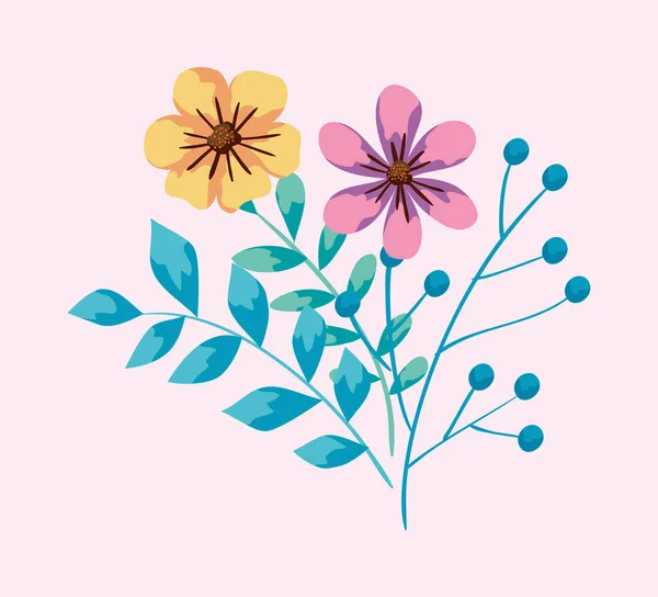 Cute flowers and branches with leafs — Stok Vektör