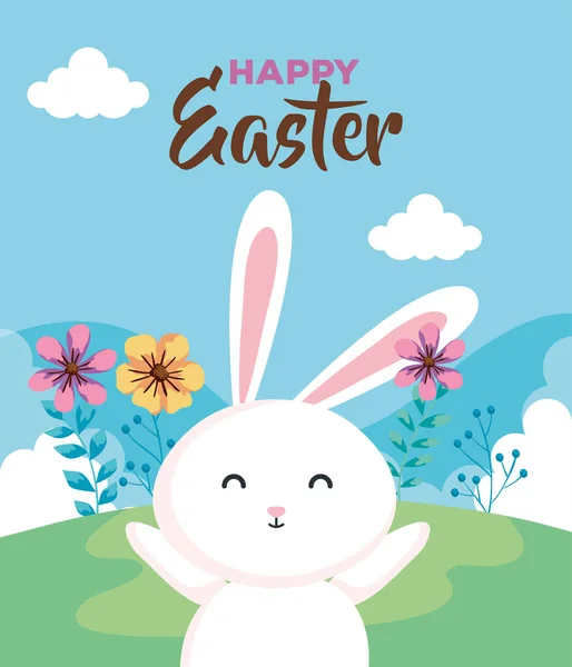 Feliz tarjeta de Pascua con conejo en el paisaje — Vector de stock