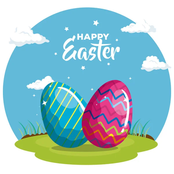 Cartão de Páscoa feliz com ovos decorados em grama —  Vetores de Stock